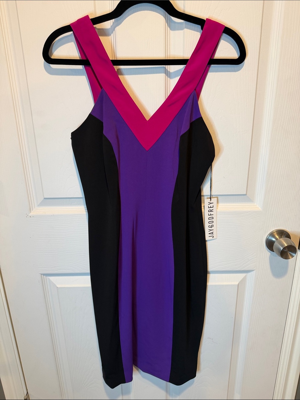 JAYGODFREY Purple and Magenta V-Neck Colorblock Midi Dress